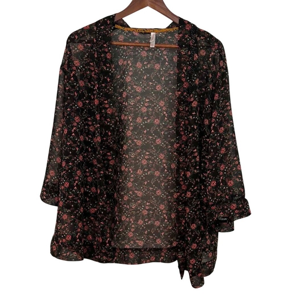 Xhilaration Kimono Cardigan Womens M/L Black Excellent Floral Sheer Crochet Trim